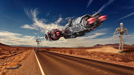 robot, spaceship, space ship, science fiction, desert, clash HD wallpaper