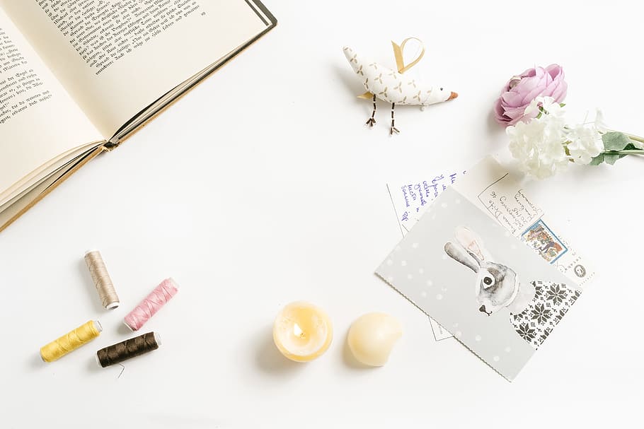 Styled photo with rabbit postcards, above, april, background HD wallpaper