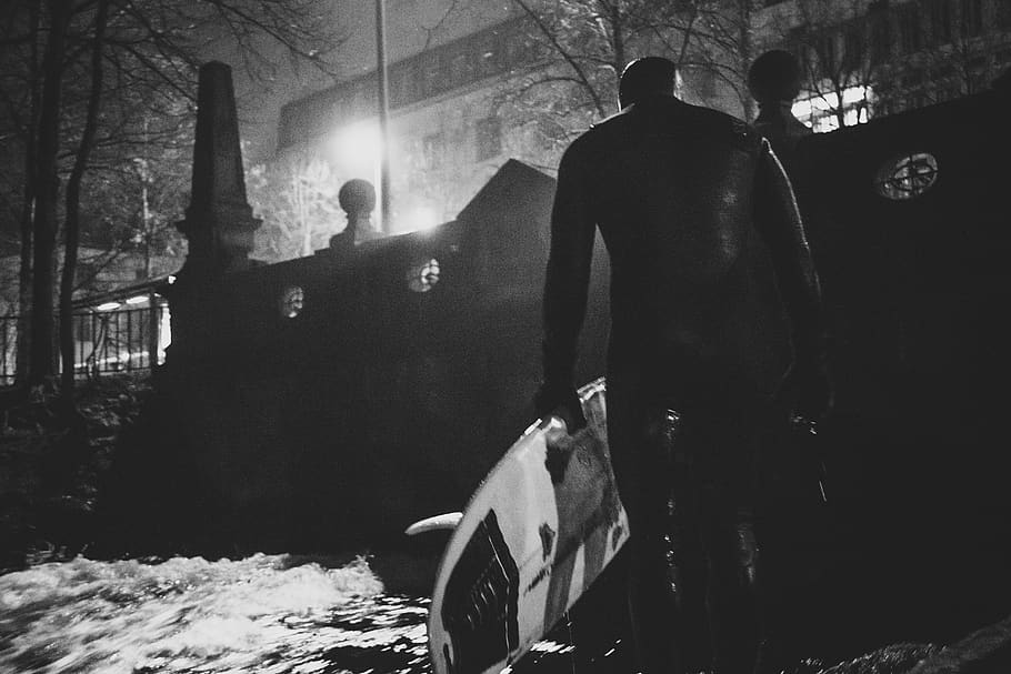 munich, germany, river, surfing, superhero, surfboard, night HD wallpaper