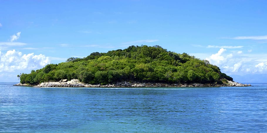 island, trees, green, plants, sea, ocean, water, blue, nature HD wallpaper