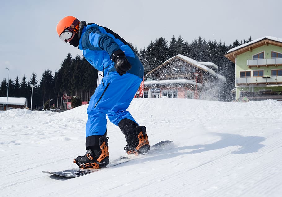 Person in Blue Coveralls Snowboarding on Snow, action, cold, daylight HD wallpaper
