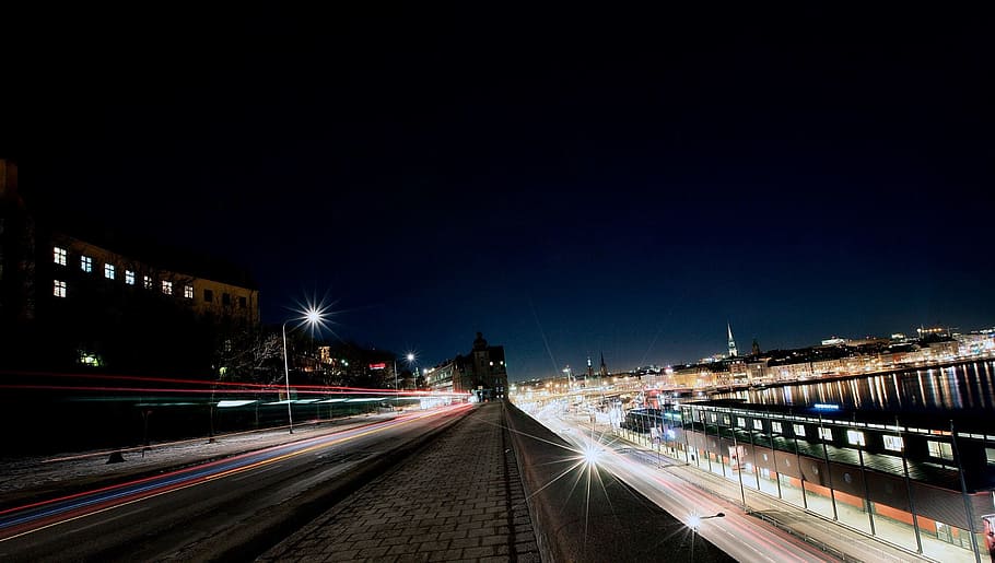 light, structure, road, bridge, skyline, traffic, street, night HD wallpaper