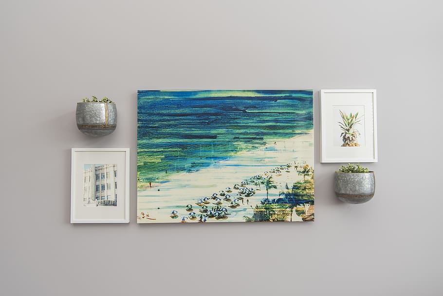 beach and trees painting, picture frame, no people, indoors, art and craft HD wallpaper
