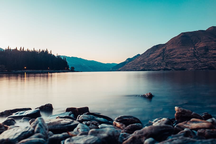 lake, mountain, rock, tree, stone, shore, rocky, dark, long exposure HD wallpaper