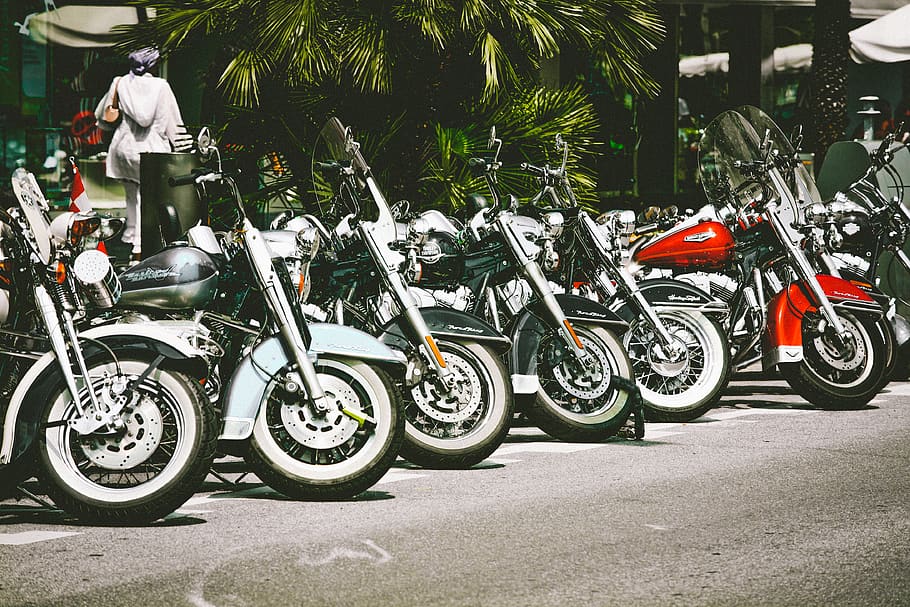 Photo of Motorcycles Parked on Street, asphalt, chopper, chrome HD wallpaper