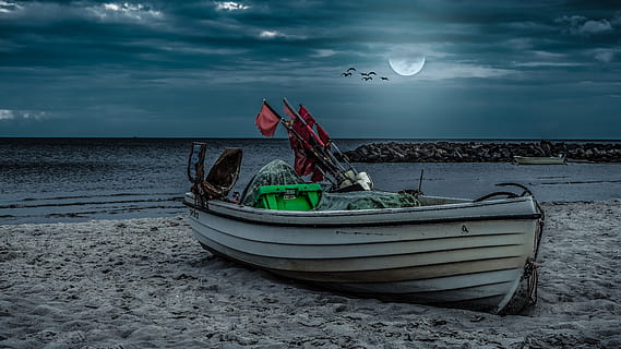 night, evening, boat, beach, sea, baltic sea, dark, sky, moon HD wallpaper