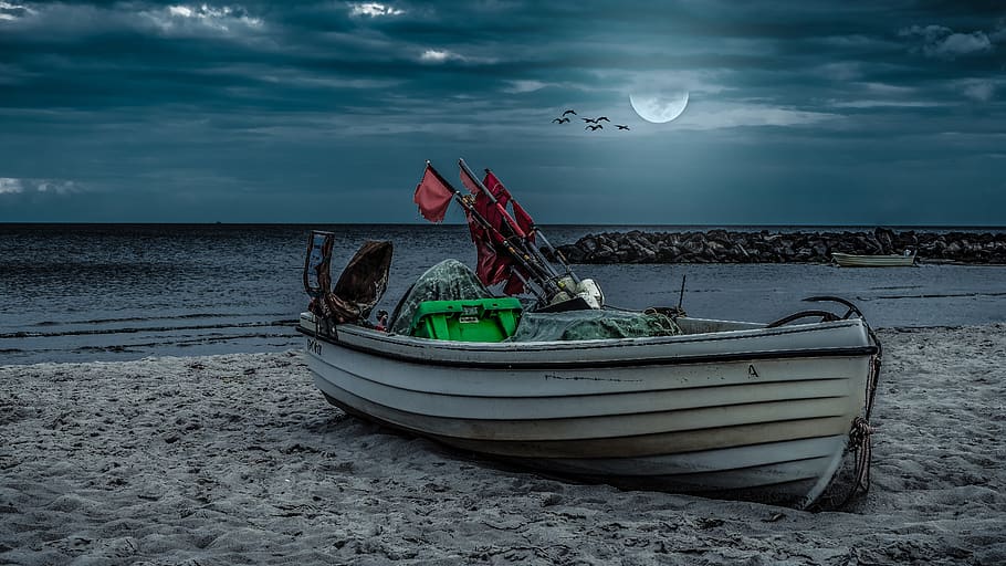 night, evening, boat, beach, sea, baltic sea, dark, sky, moon, HD wallpaper