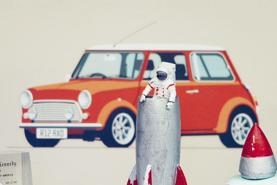astronaut and car illustration, toy, rocket, figure, vintage