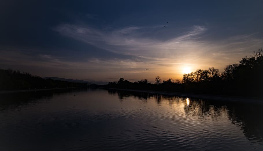 blue, sky, dark, cloud, sunset, trees, plant, lake, water, sunlight HD wallpaper