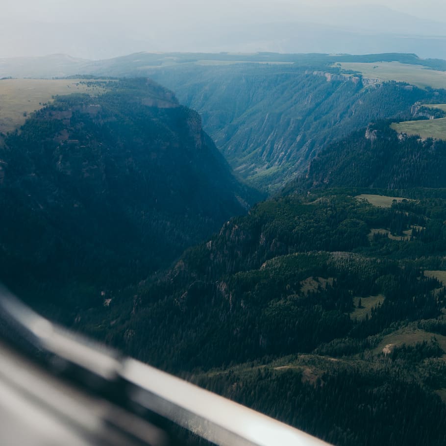 valley, mountain, canyon, trees, forest, plane, flight, environment HD wallpaper
