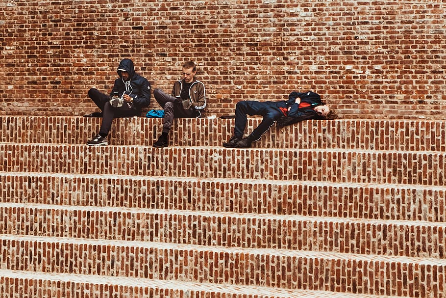 three men sitting on stair, brick, brick wall, real people, leisure activity HD wallpaper