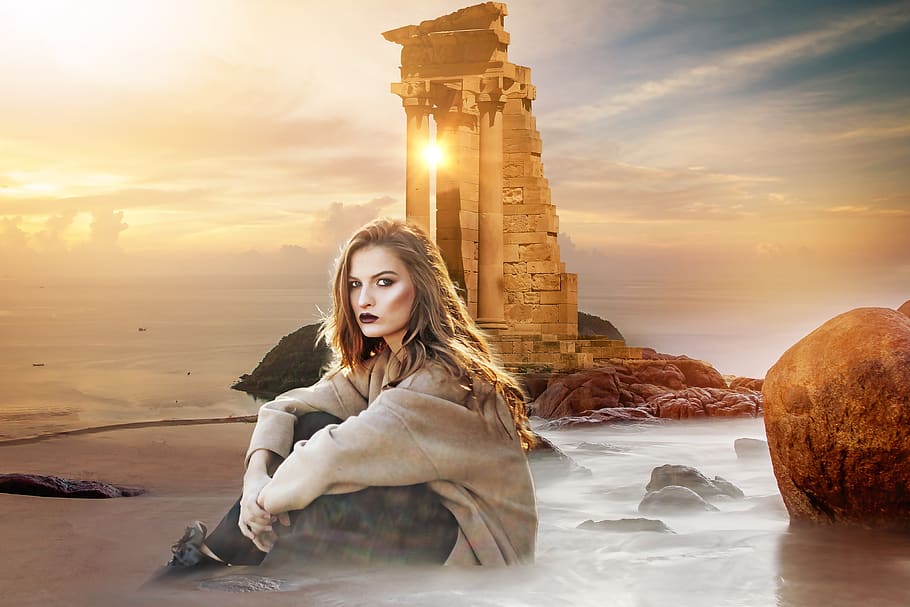 fantasy, ruins, coast, sky, architecture, female, woman, girl HD wallpaper