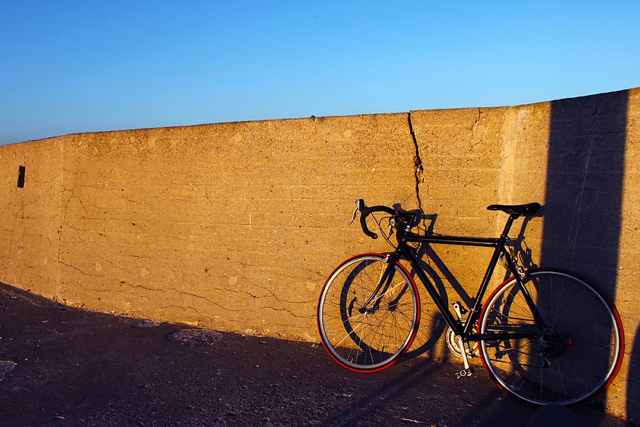 cycle, wall, sky, bicycle, wheels, blue, transportation, clear sky HD wallpaper