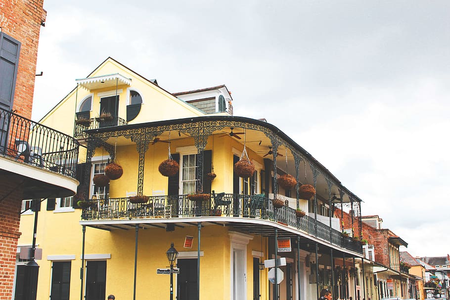house, new orleans, french quarter, architecture, yellow, antique, HD wallpaper