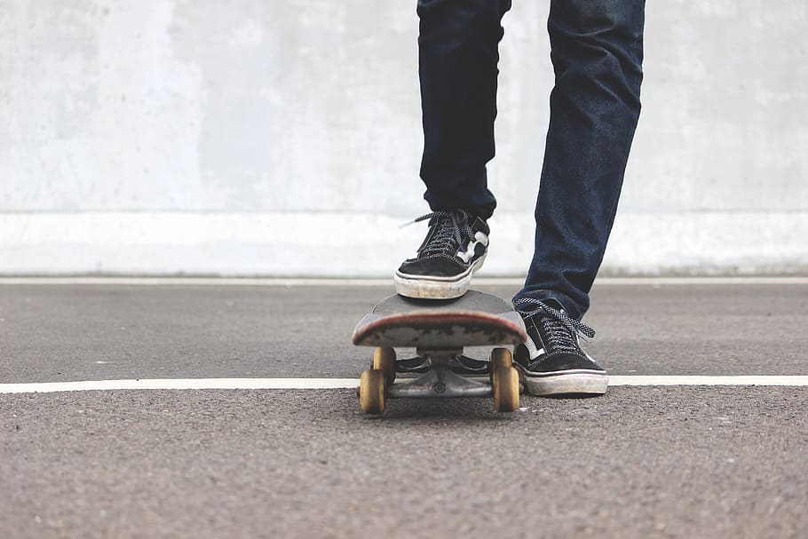 man riding skateboard, apparel, clothing, shoe, footwear, sport, HD wallpaper