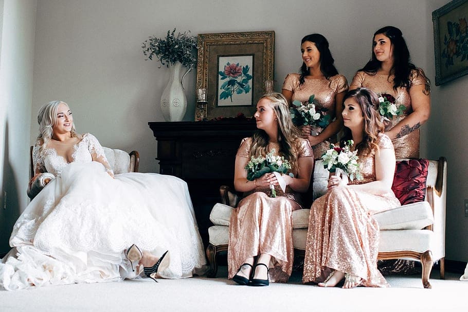 Bride And Bridesmaids, adult, dress, group, indoors, people, room