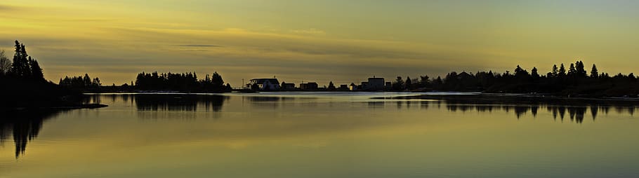 canada, blue rocks, reflection, sunrise, water, sky, tree, sunset HD wallpaper