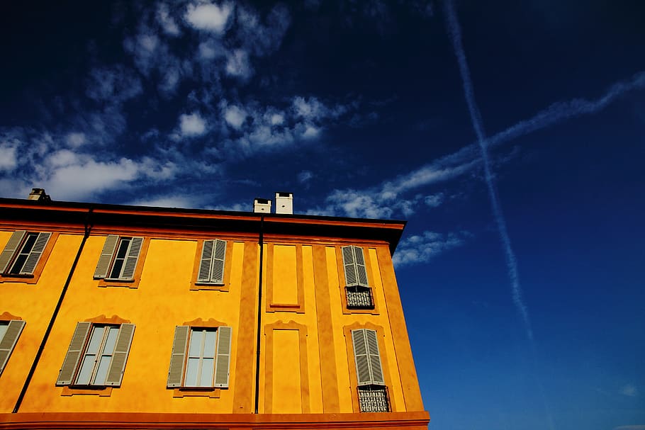 Low Angle View Photography of Orange House, blue sky, building HD wallpaper