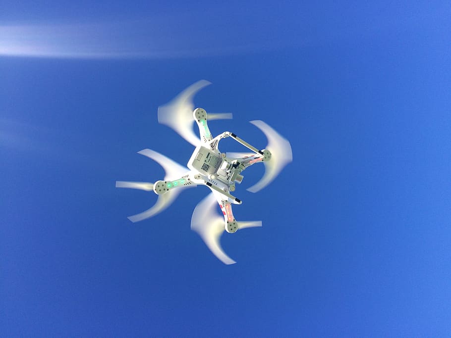 white quadcopter drone, blue, no people, technology, nature, sky HD wallpaper