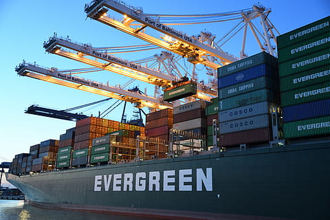 Green and Gray Evergreen Cargo Ship, cargo container, container ship HD wallpaper