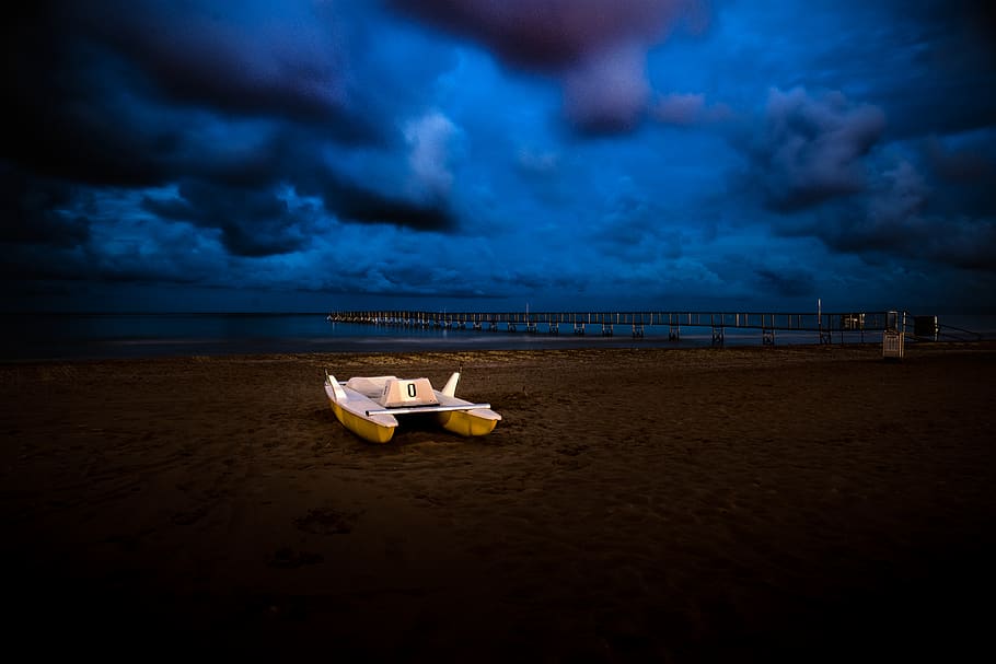 italy, rimini, cloud, cloudscape, sea, pier, night, jetty, boat HD wallpaper
