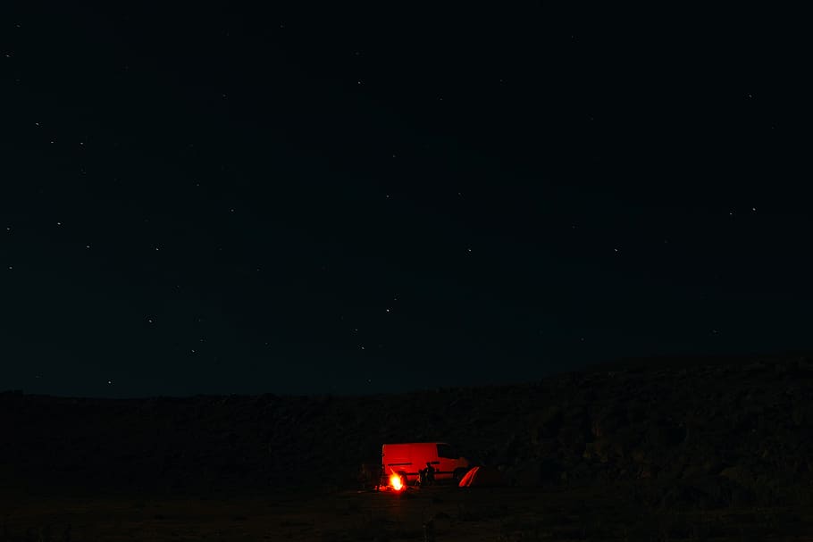 camping, fire, light, sky, stars, night, star - space, nature HD wallpaper