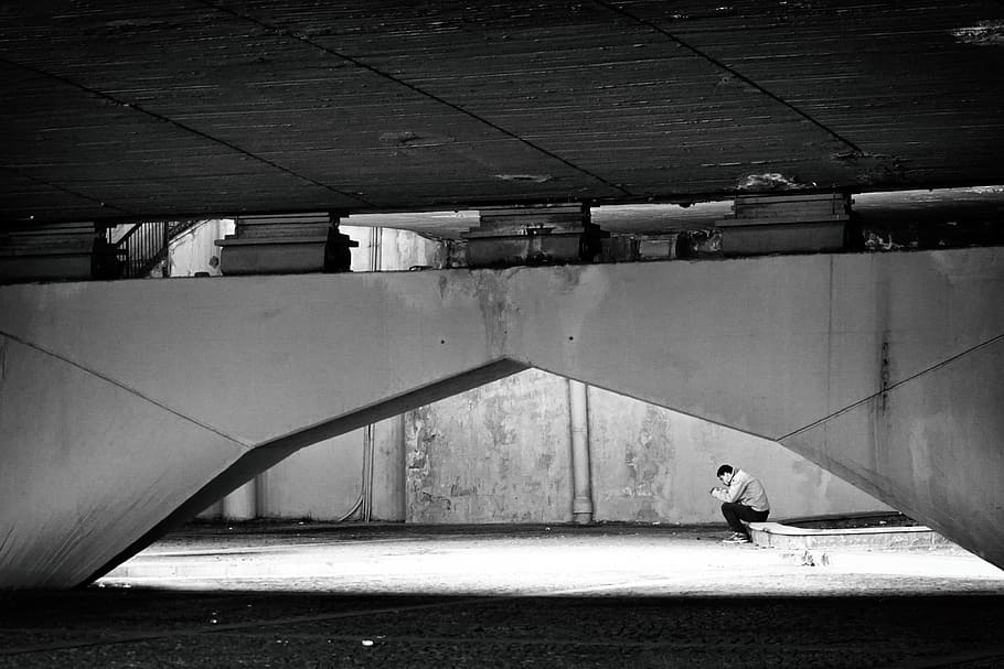 grayscale photography of man sitting under the bridge, turkey, HD wallpaper