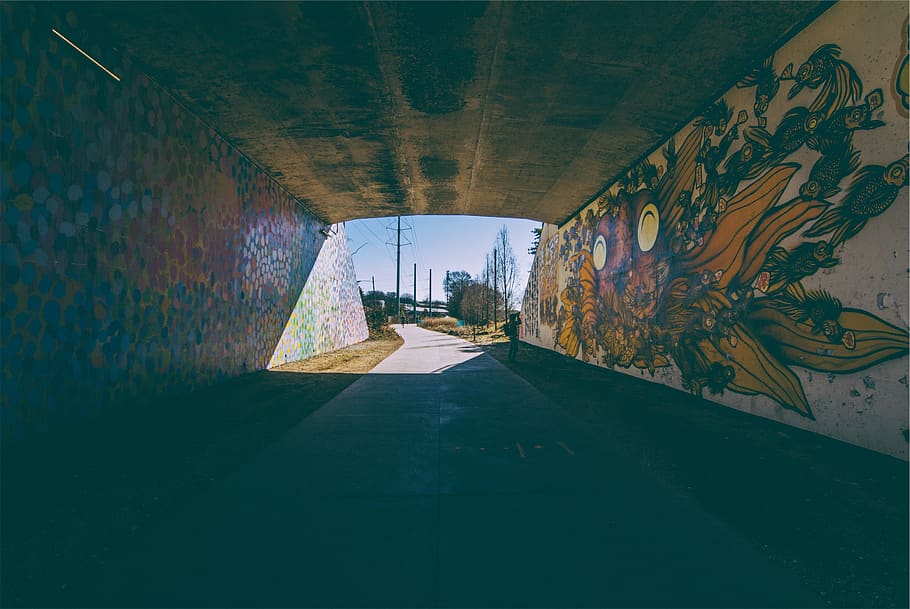 tunnel, graffiti, spray paint, path, architecture, wall - building feature HD wallpaper