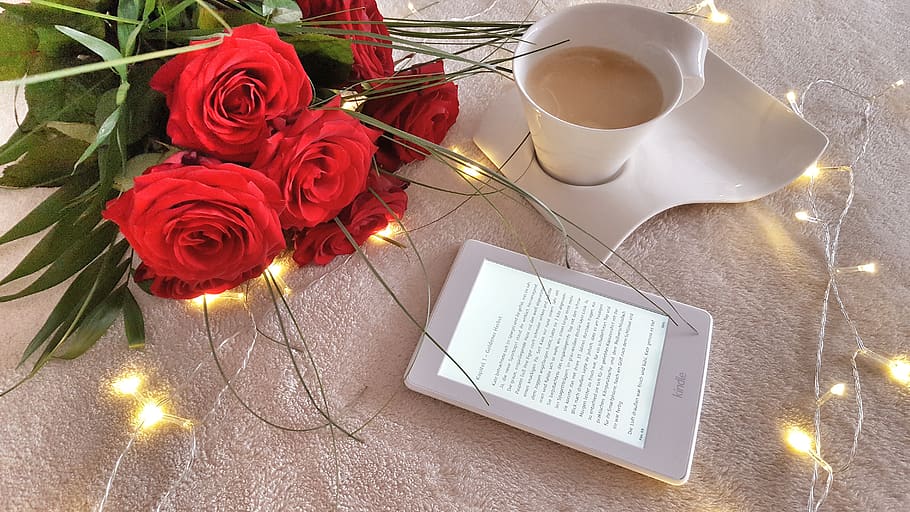 ebook, reader, roses, cup, coffee, kindle, books, table, flower