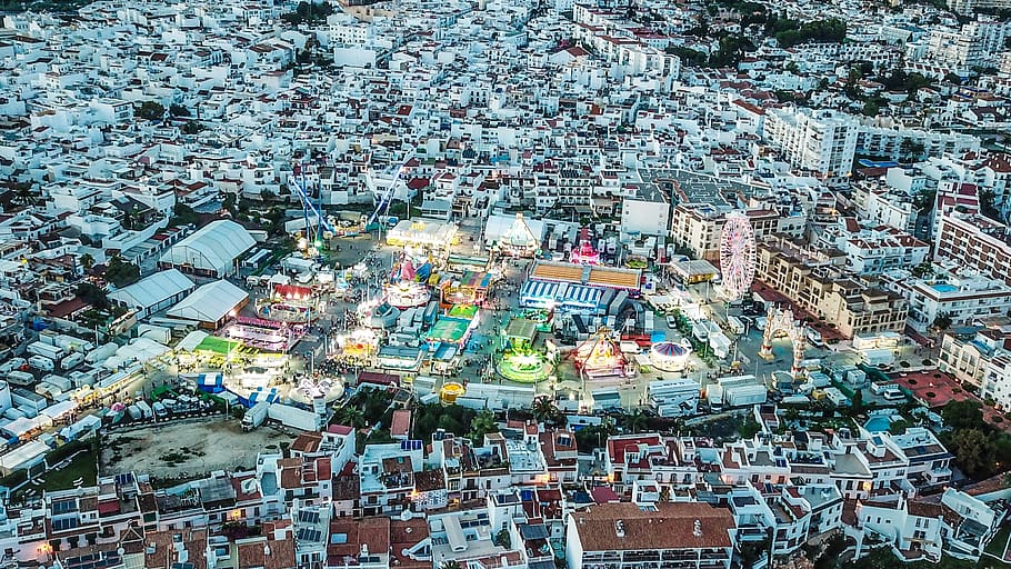 sunset, nerja, fair, light, lighting, party, drone, lights HD wallpaper