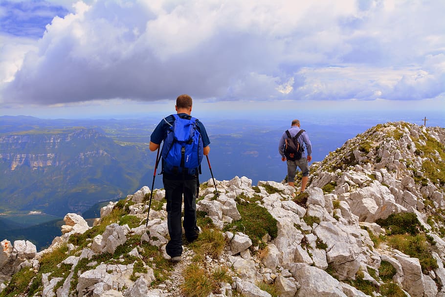 hiking, walk, trail, mountain, outdoors, trekking, sky, clouds HD wallpaper