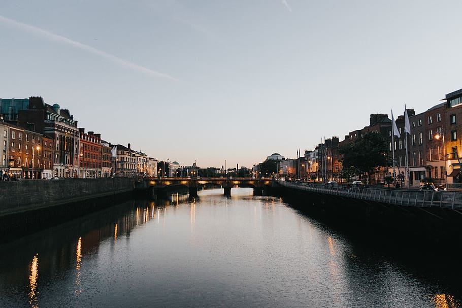 ireland, dublin, reflection, canal, sunset, afternoon, moody HD wallpaper
