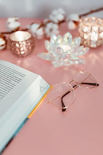 Open book on a pink background, reading, glasses, learning, pink backgound HD wallpaper