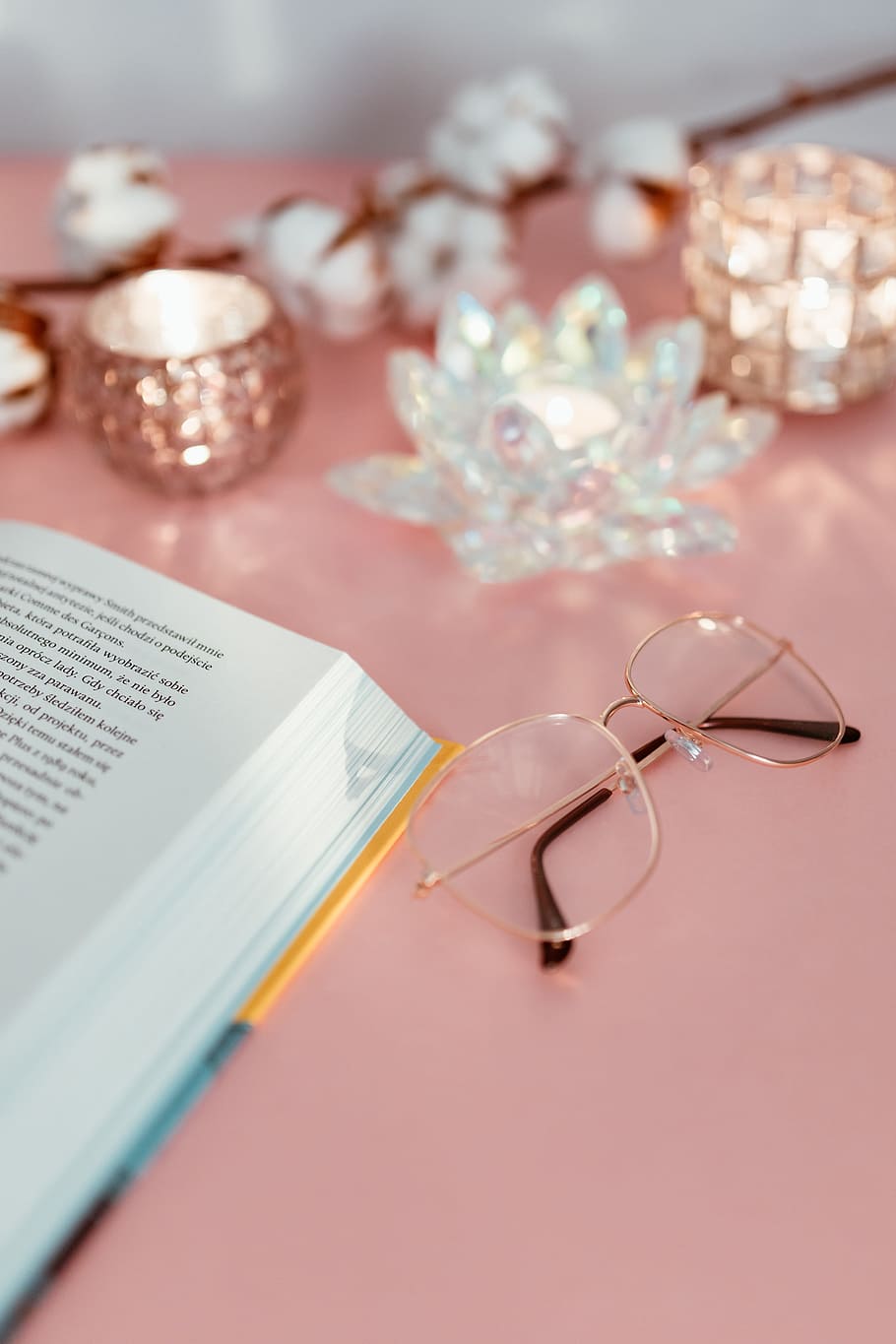 Open book on a pink background, reading, glasses, learning, pink backgound HD wallpaper