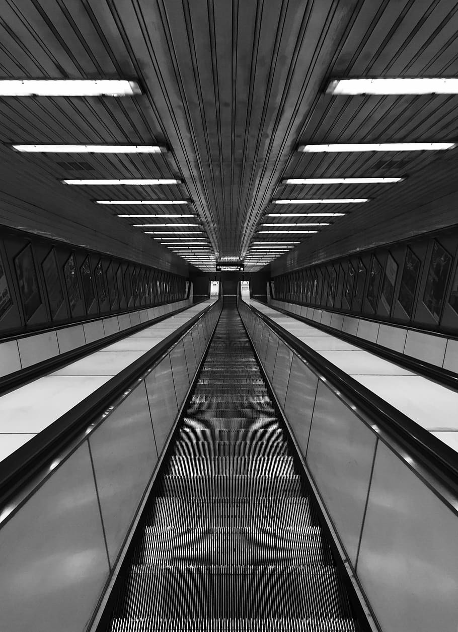 gray empty escalator, architecture, built structure, direction HD wallpaper