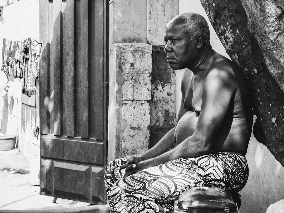 man, sitting, looking, serious, africa, shirtless, one person HD wallpaper