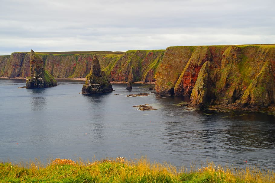 coast, scotland, rock, cliff, rock needles, rock formation, HD wallpaper