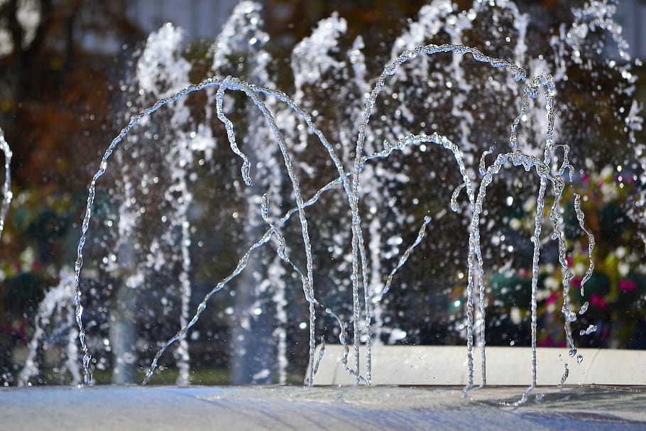 fountain, water, drops, blue, stream, drip, reservoir, source HD wallpaper