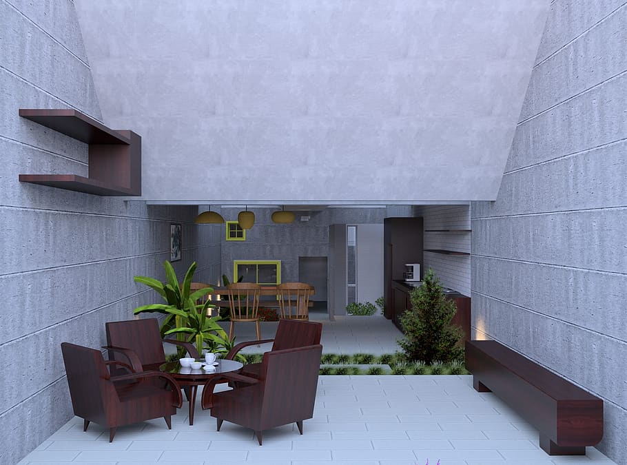 Brown Wooden Bench Near Wall, apartment, architectural design HD wallpaper