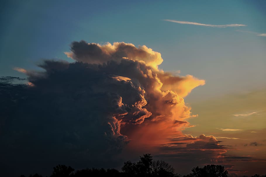 clear sky, cloud, sunset, sunrise, red, blue, light, glow, shadow HD wallpaper