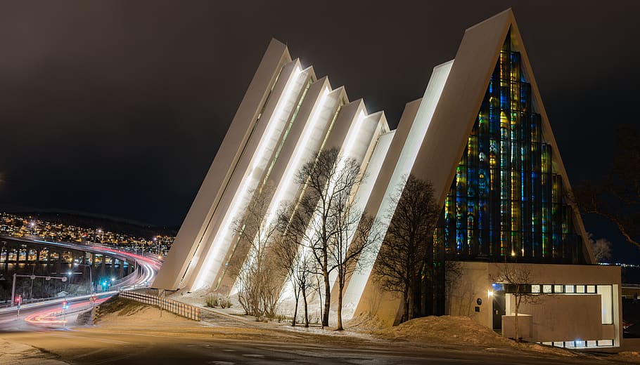 lighted architectural building during night time, housing, norway HD wallpaper