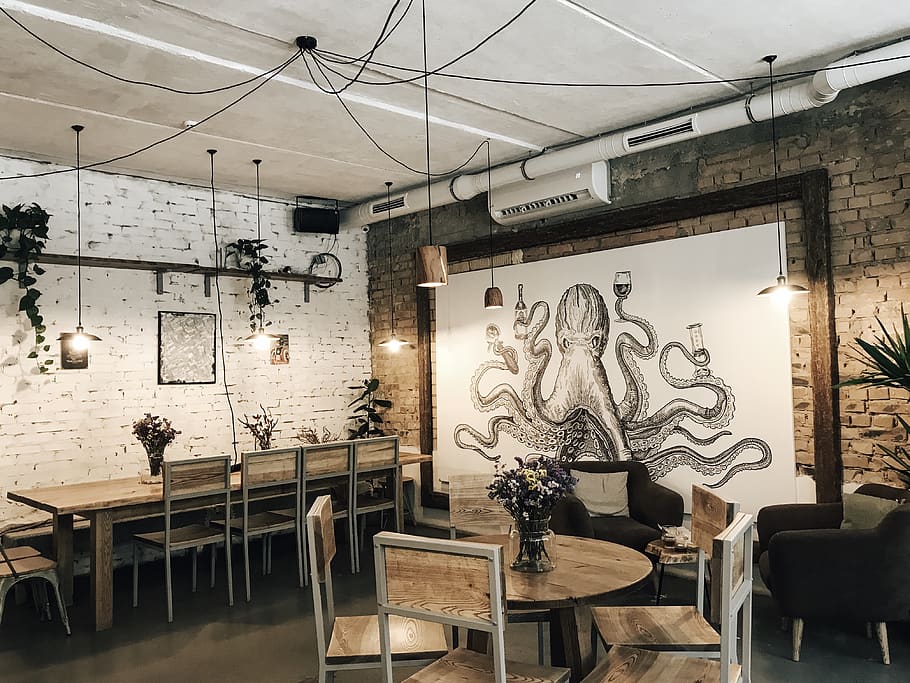 Grey Octupos Painting, architecture, brickwall, chairs, decor HD wallpaper
