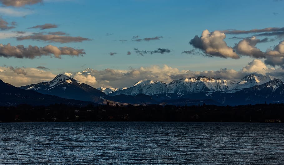 lake, mountain, landscape, clouds, twilight, evening, winter HD wallpaper