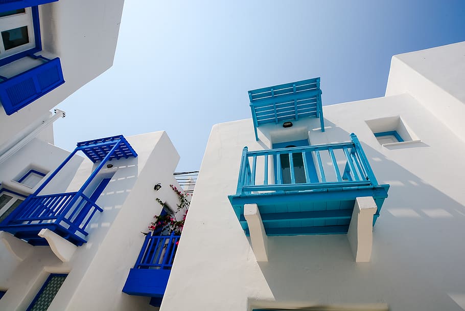 White Painted House With Blue and Teal Terrace, architecture HD wallpaper