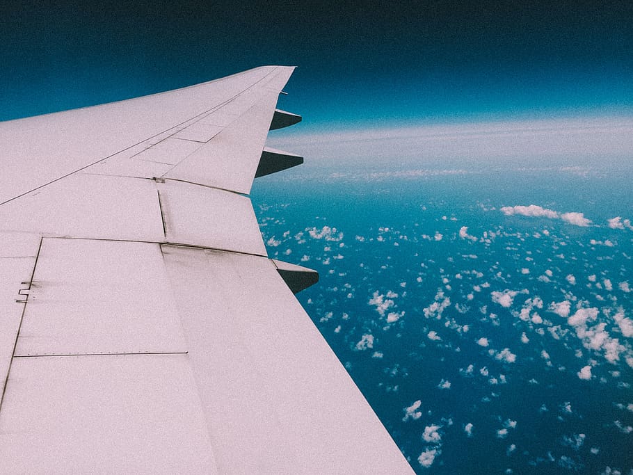passenger plane wing view, air vehicle, airplane, mode of transportation HD wallpaper
