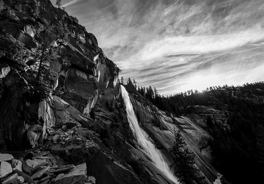 waterfall surrounded by trees, rock, rock - object, sky, rock formation HD wallpaper