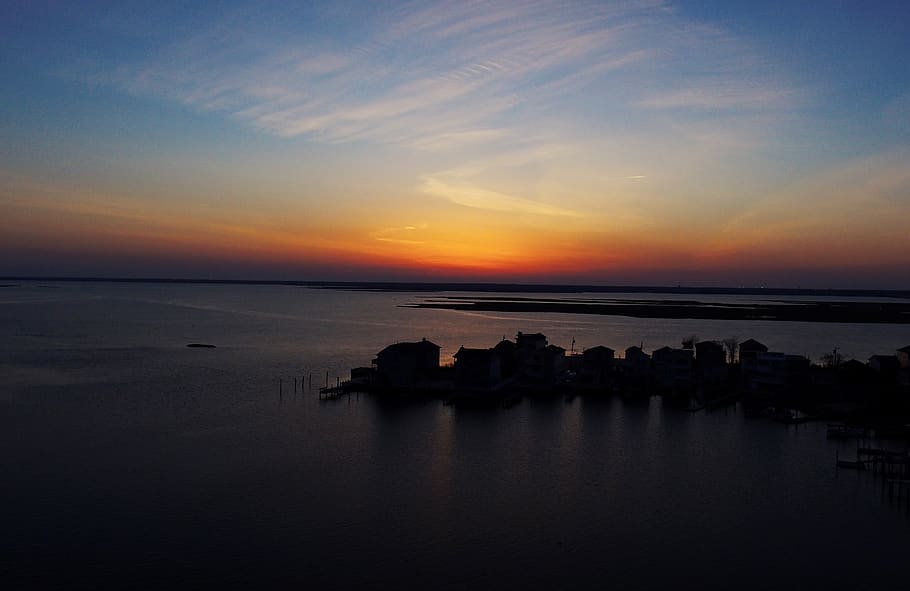 sun, sunset, bay, dock, pier, sky, red, orange, island, water HD wallpaper