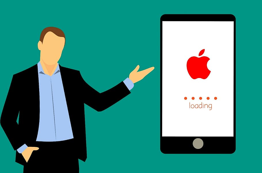 Illustration of apple iphone loading, with man illustration, smartphone