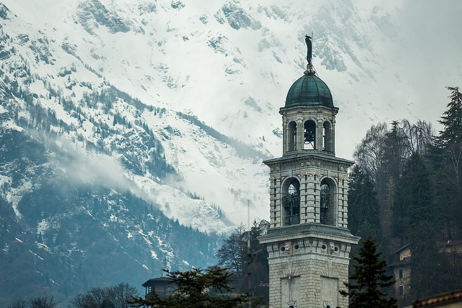 White Concrete Tower Near Mountain, ancient, architecture, blue mountains HD wallpaper