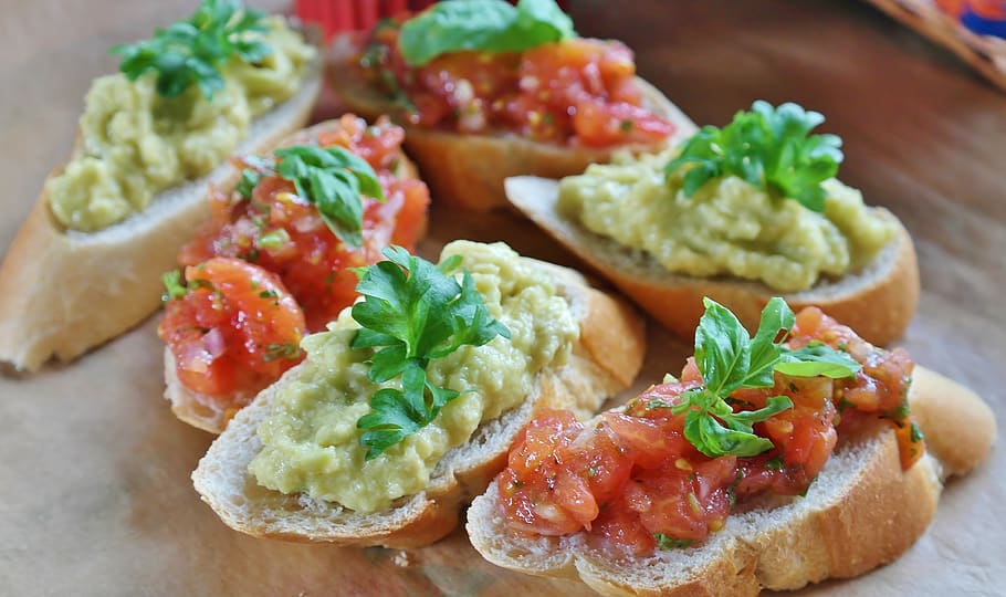 bruschetta, bread, baguette, tomatoes, basil, onion, garlic HD wallpaper
